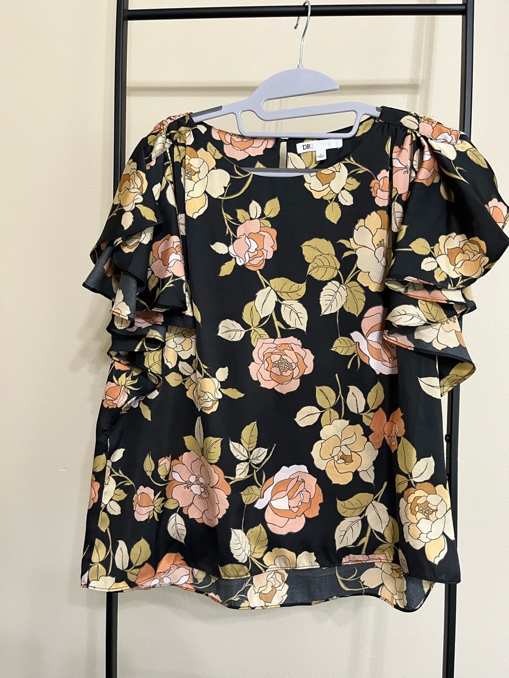 DR2 Satin-Feel Floral Garden  Ruffle Flutter Sleeve Blouse Top L